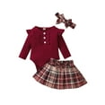 thumbnail image 2 of 3Pcs Baby Girls Outfit 3M 6M 9M 12M 18M Autumn Clothing Ribbed Long Sleeve Romper + Plaid Pleated Skirt + Headband Set, 2 of 10
