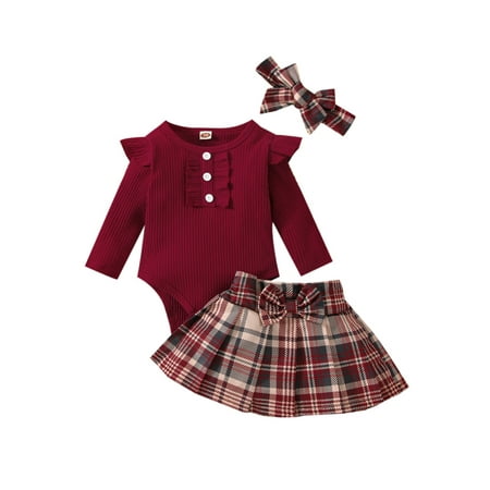 

Peyakidsaa Baby Girls 3Pcs Outfit Sets Ribbed Long Sleeve Romper + Plaid Pleated Skirt + Headband Set for Toddlers Wine Red
