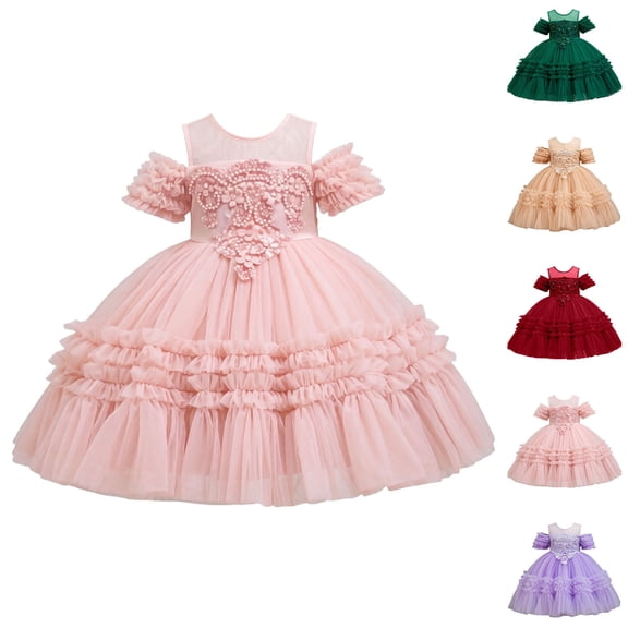 Ashirexll Dresses for Girls Children Short Sleeve Solid Color Princess A-Line Party Playwear Dresses for Teens Kids