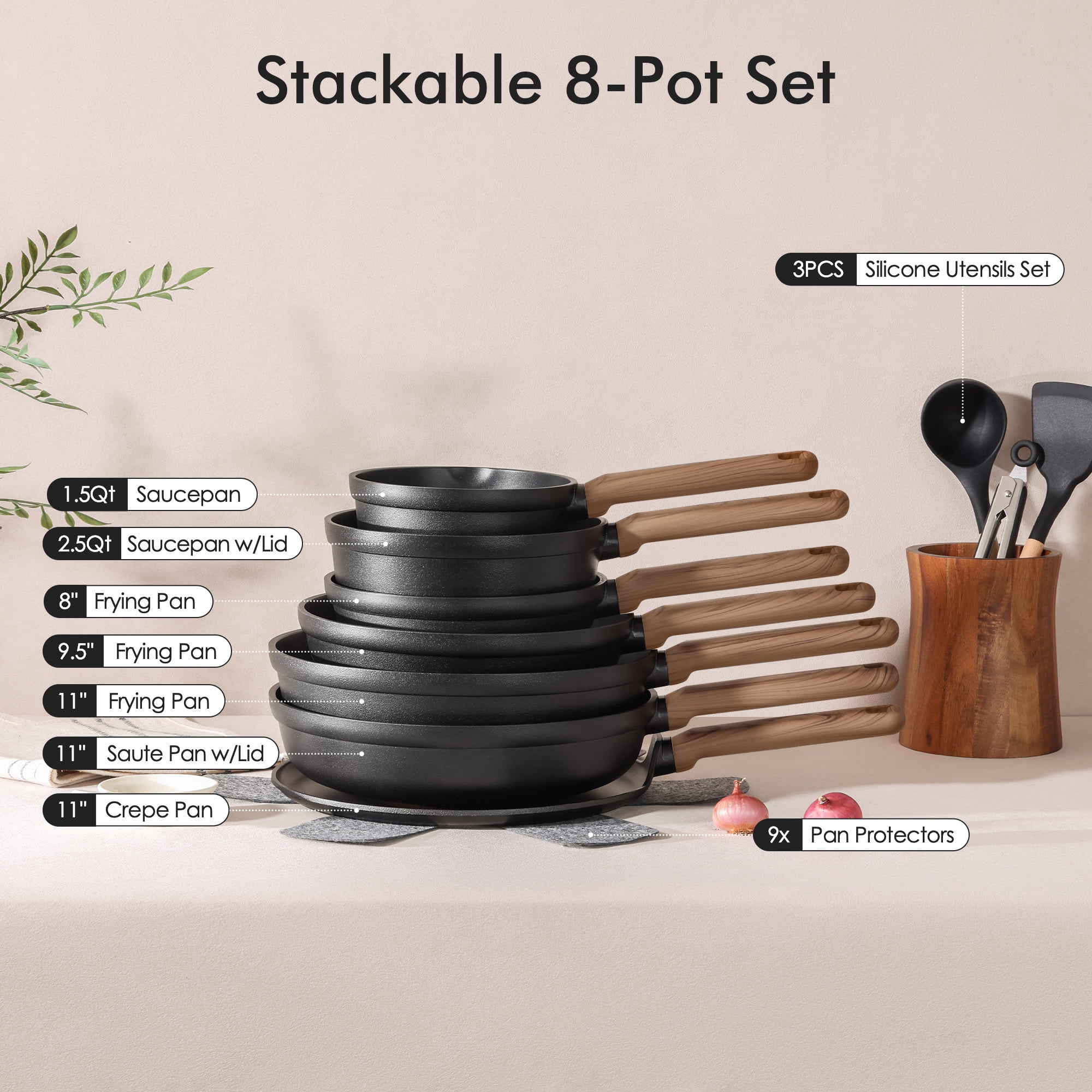 SENSARTE 24-Piece Nonstick Pots and Pans Set, Matte Black Titanium Induction Cookware Set, Healthy Kitchen Cooking Sets with Stay-Cool Handles, Dishwasher & Oven Safe, Stackable