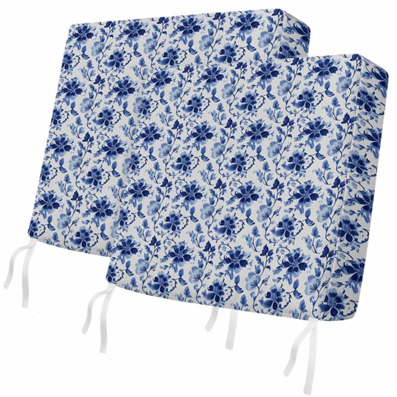 Outdoor Patio Cushion Covers 2 Pack Blue Flowers Chair Pads Slipcovers with Ties & Zipper Waterproof Seat Cover Set Vintage Floral Seat Cushion Covers for Outdoor Couch Sofa 24x24 Inch