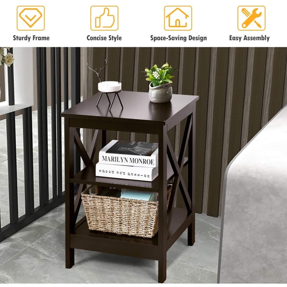 Finihen End Table, 3-Tier X-Design Nightstands with Storage Shelves, Bed Side Tables, for Living Room, Bedroom, Espresso Finihen End Table, 3-Tier X-Design Nightstands with Storage Shelves, Bed Side Tables, for Living Room, Bedroom, Espresso