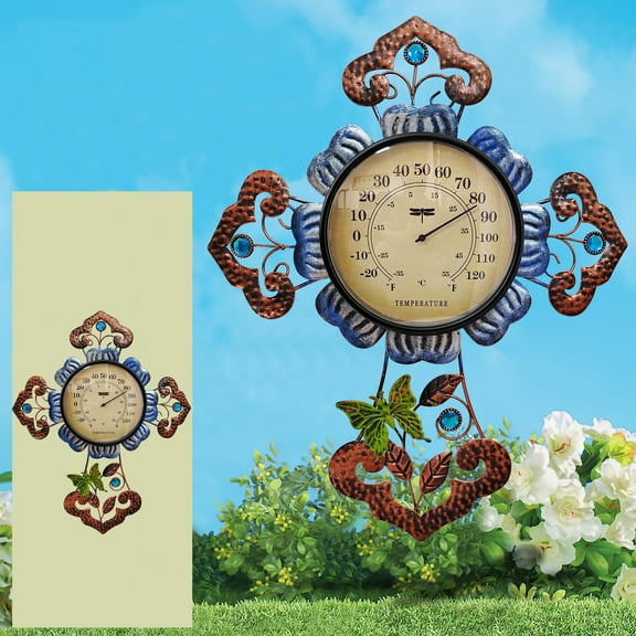 Metal Cross Thermometer Indoor Outdoor Wall Art Decor Plaque Sculpture Hanging Mounted for Living Room Bedroom Kitchen Workroom Patio, Whimsical Elegant Metal Cross Decor, No Battery Required