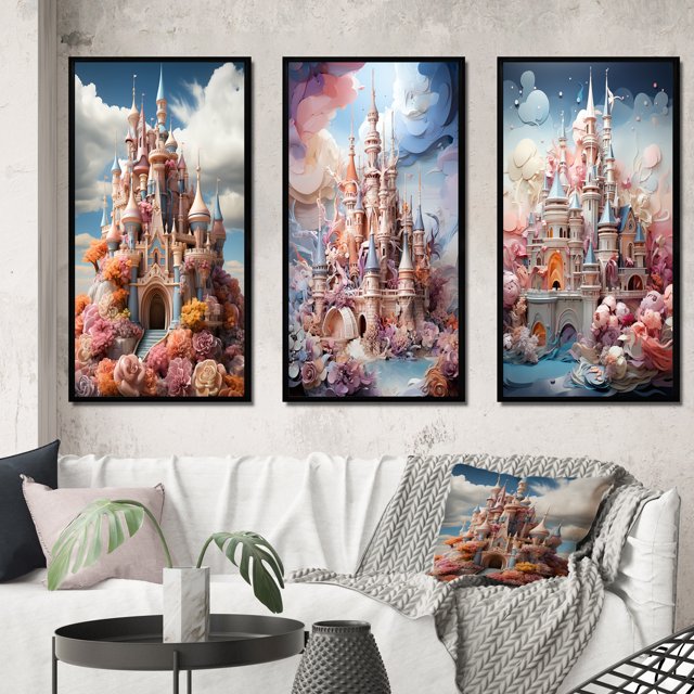 Designart "Castles curious Wonder Pastel IV" Cityscapes Framed Wall Art Set Of 3 - Multi-Color Castles Frame Canvas Set For Living Room Decor