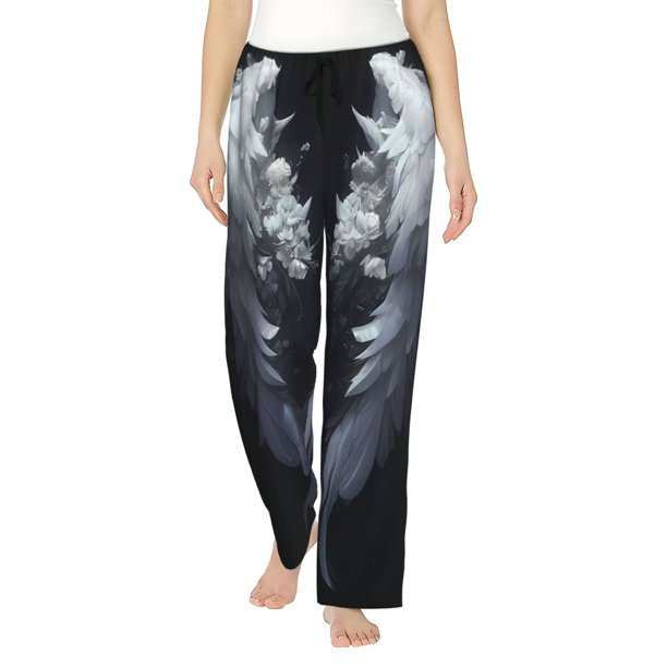 Fotbe Elegant Feathered Floral Wings Pantalones de Pijama para Mujer, Pantalones de Dormir, Pantalones Pj con Cordón y Bolsillos-Medium