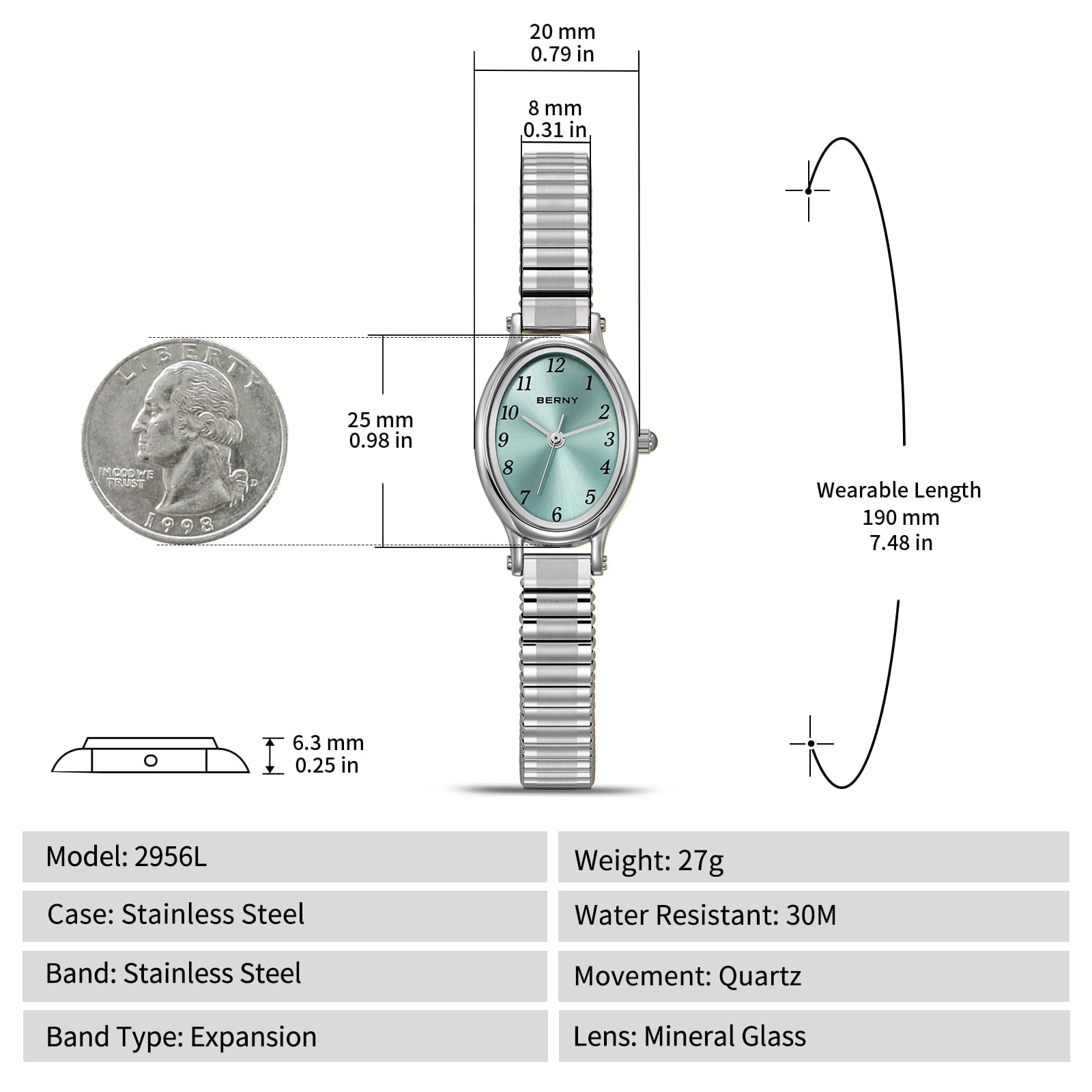 BERNY Small Silver Watches for Women, Dainty Luxury Oval Dial, Expansion Band Watch, Fashion Ladies Analog Quartz Watch, Waterproof Women Wristwatch Gifts, Light Blue