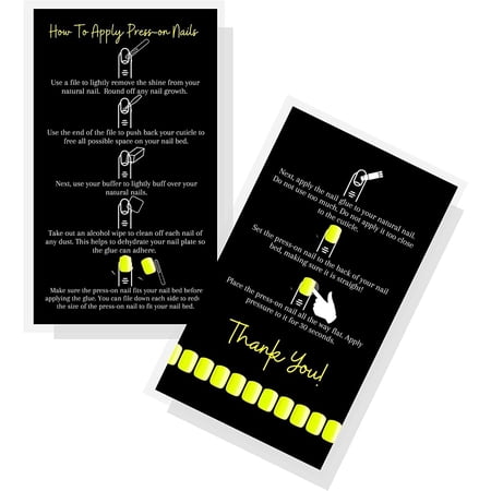 Boutique Marketing LLC Press-On Nail Application Instructions Cards 50 Pack 2x3.5 inch Business Card Size DIY Press-On Nail Kit Black and Yellow Design