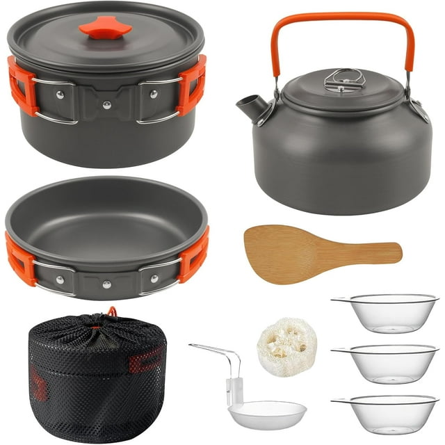 Portable Outdoor Camping Cookware Set Piece Stainless Steel Cookware Set with Pot Pan & Kettle for Backing Hiking Travel Person Mess Kit with Utensils