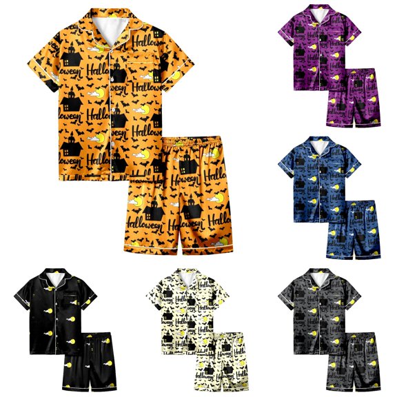 RUTAYY Girls Pajama Set Short Sleeve Top and Shorts Halloween Bat Moon Graphic Comfortable Nightwear Orange