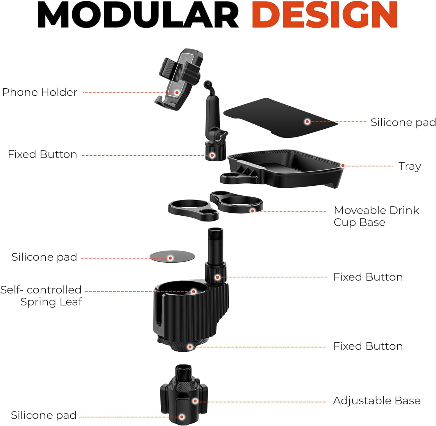 Soapow  5 in 1 Car Cup Holder Tray Table with Cell Phone Slot and Coffee Stand Food Tray, Universal Swivel Car Expander Desk, Detachable 360° Rotating Extender Car Organizer