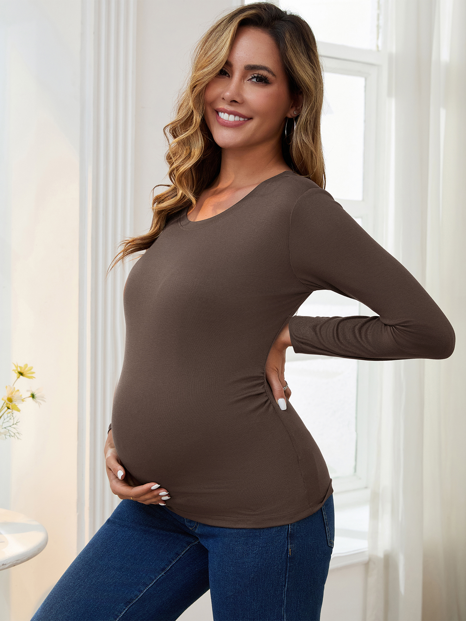 DARING DIVA Women's Ruched Long Sleeve Maternity Blouses XL Coffee