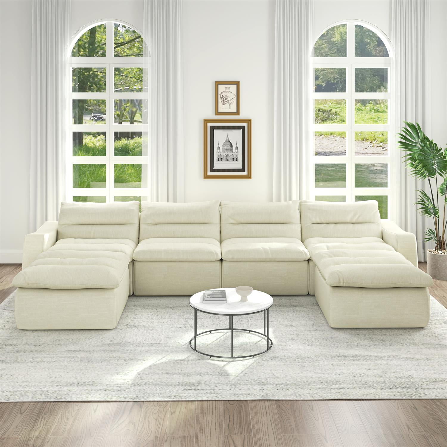 Demi Bonn 150" Modern L-Shaped Modular Sofa, Comfortable Beanbag Style, Stylish Lazy Couch for Living Rooms and Relaxation, Beige