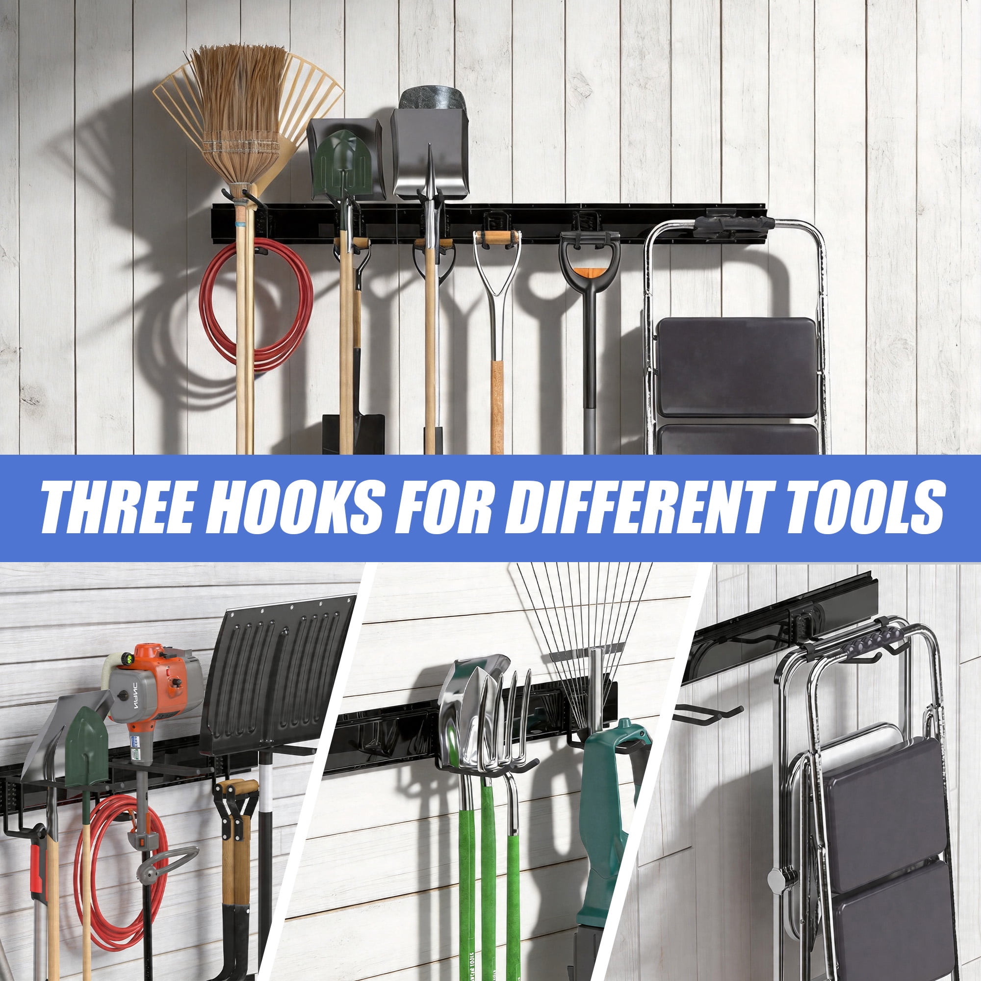 Garage Tool Organizer Wall Mount, 48" Garden Tool Organizer with 6 Adjustable Double-layer Hooks, Heavy Duty Metal Garage Storage Rack for Garden, Yard, and Shed