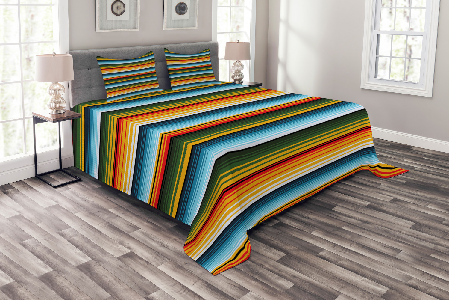 Striped Bedspread, Mexican Inspirations in Hand Made Horizontal Lines Woven Ornamental Style