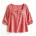 thumbnail image 5 of Warop Women's French Square Neck Plaid Shirt Summer Puff Mid Sleeve Loose Blouse Versatile for Daily Vacation Outing, 5 of 5