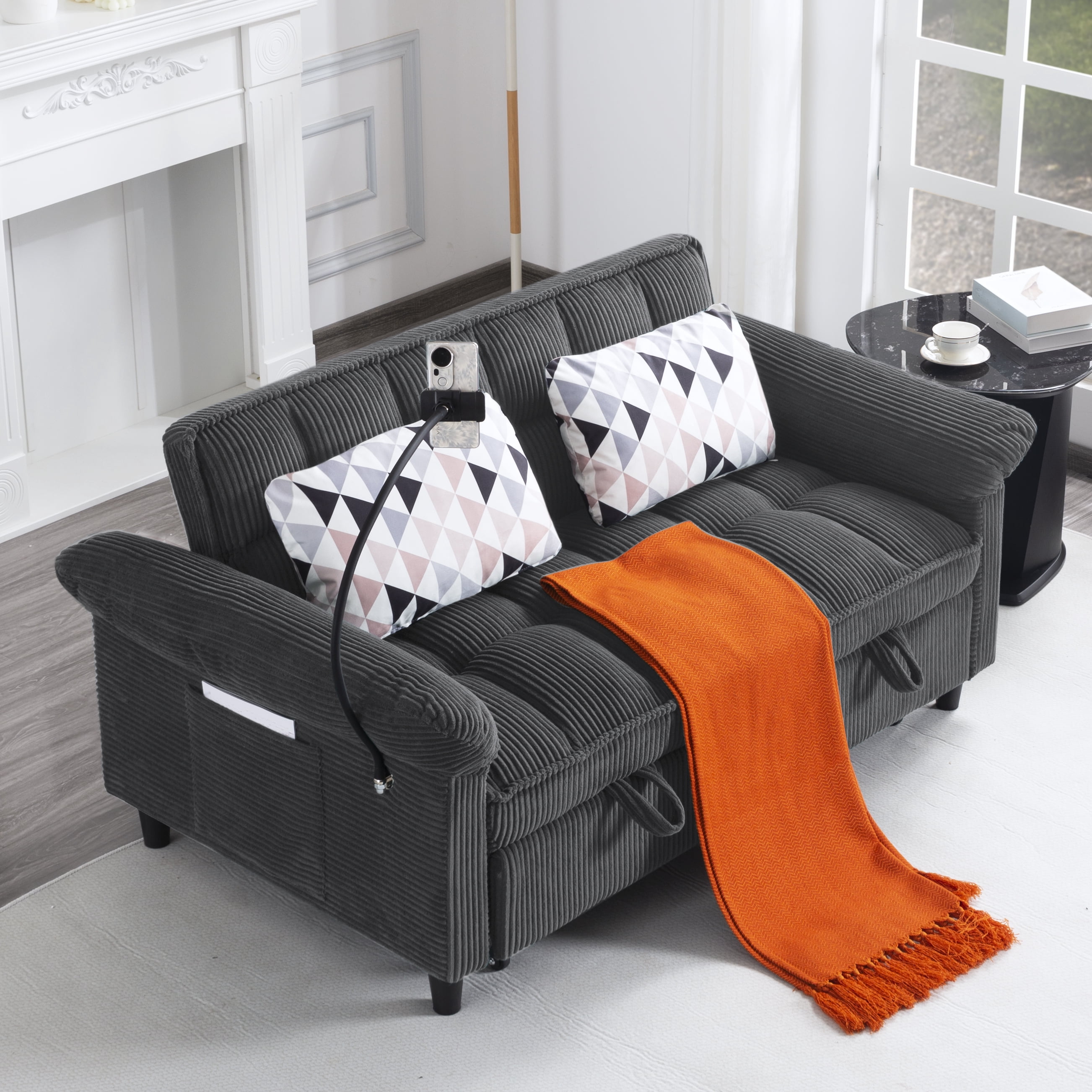 Gewnee 58"3-in-1 Corduroy Convertible Sofa Bed – Pull-out Loveseat Couch with 3 Reclining Positions & Storage Side Pocket,Sleeper Sofa for Living Room,Guest Room.Dark Grey