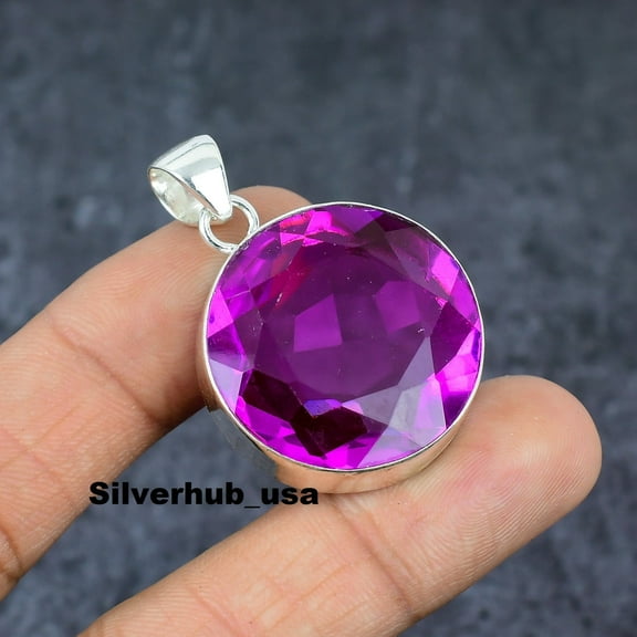 Adidev 30 Carat Pink Tourmaline Gemstone Round Shape PinkColor 925 Sterling Silver Plated Pendant for Women