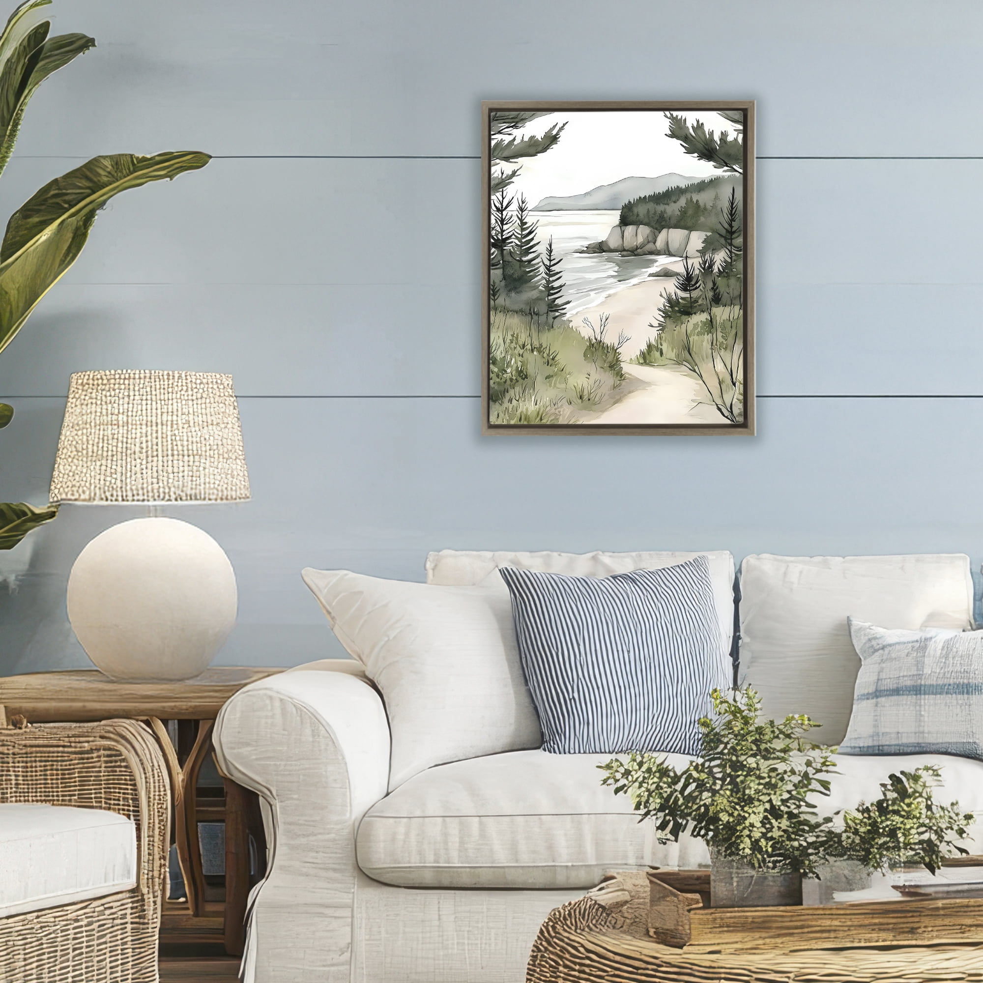 Stupell Industries Coastal Calm Winding Path Brown Framed Floater Canvas Wall Art, design by Riley B