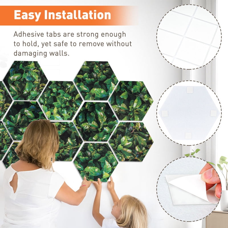 DOLLAR BOSS 12Pcs Self Adhesive Felt Board Tiles Hexagon Bulletin Board for Walls, Green Leaves Printing Hexagon Felt Bulletin Home Wall Decor, Felt Cork Pin Board for Pictures Photos Memos