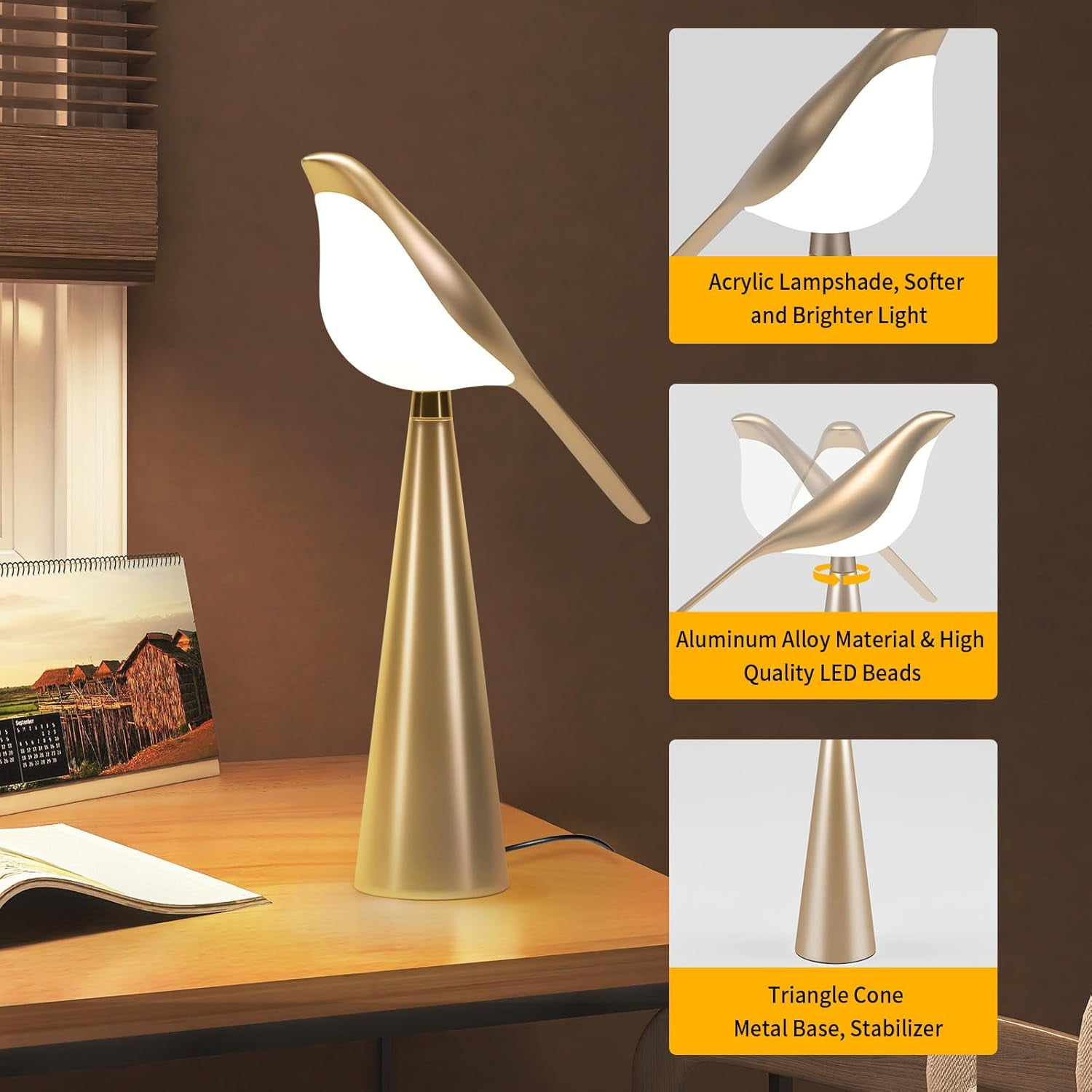 Table Lamp for Bedroom, Bird Night Light, 10 Level Dimmable Brightness Bedside Lamps, Desk Lamp for Dorm, Office, Gift, Reading, 3 Colors, Metal Finish, Gold, 360° Rotation