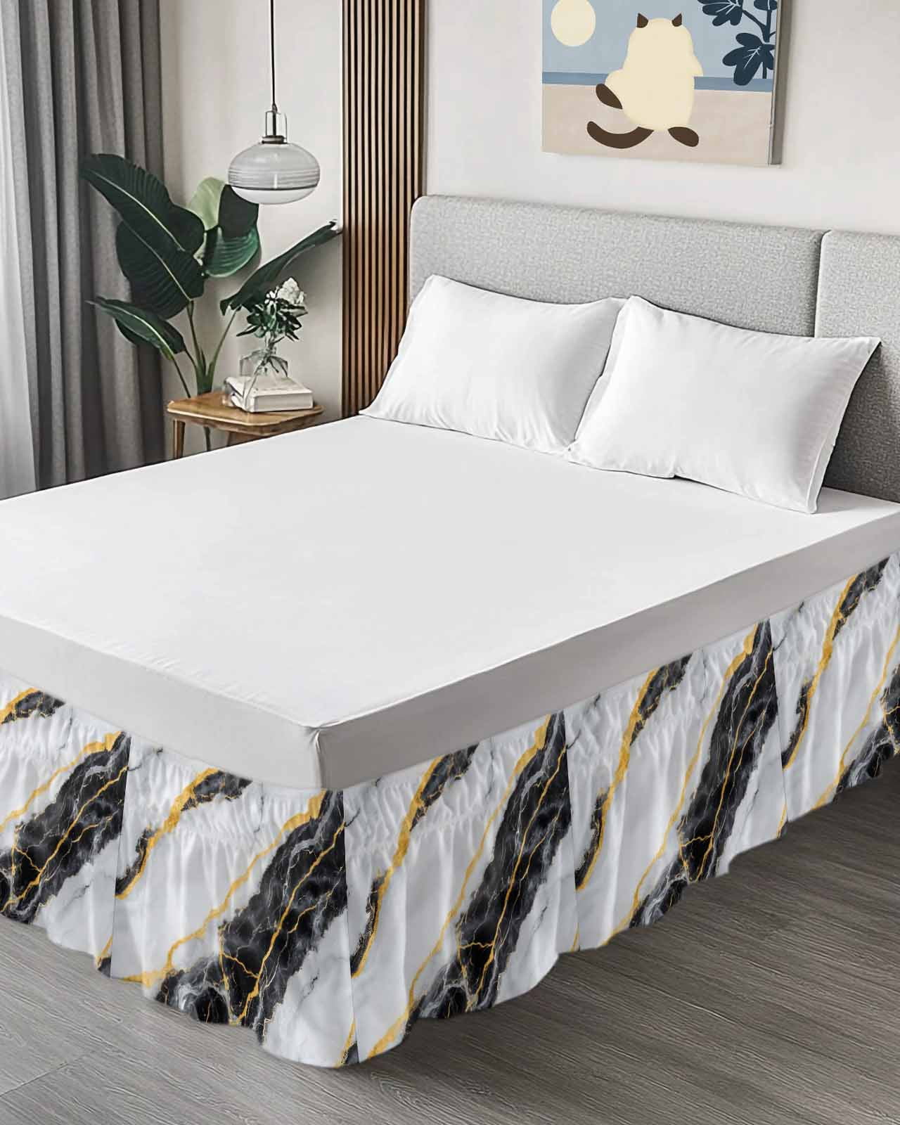 Marble Black Wrap Around Bed Skirts for Queen Bed 16" Drop,Bed Skirt with Adjustable Elastic Belt Dust Ruffle Bed Valance for Bedroom Hotel Gold Foil Ceramic Style Cracks Scratches Bed Frame Cover