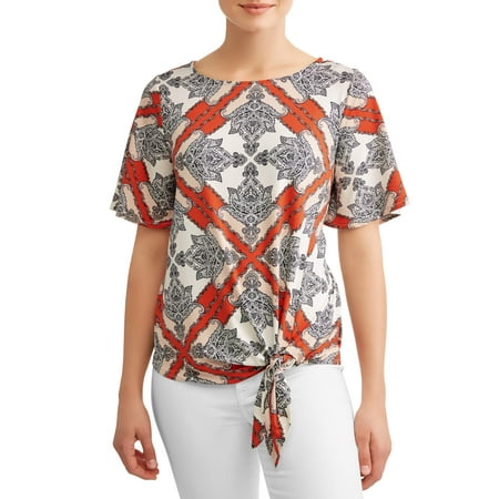 Tribal Print Tie Back Top - Women's Tie Front Printed Short Sleeve Top