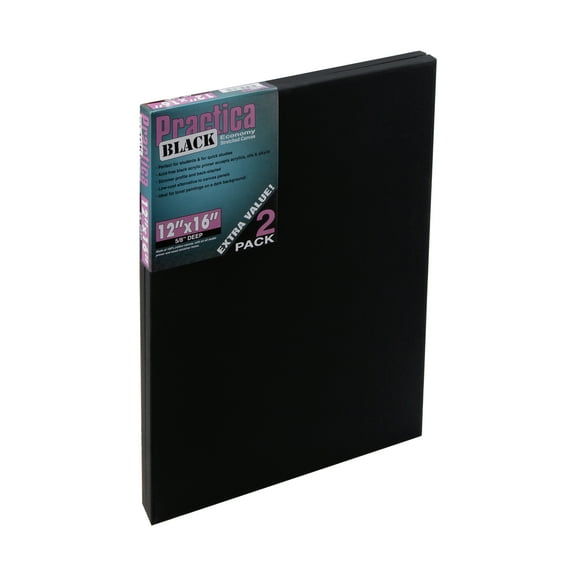 Practica Economy Black Stretched Cotton Canvas - Acid-Free Acrylic Primed Canvas for Acrylics, Oils, Alkyds, & More! - [2-Pack - 12x16"]