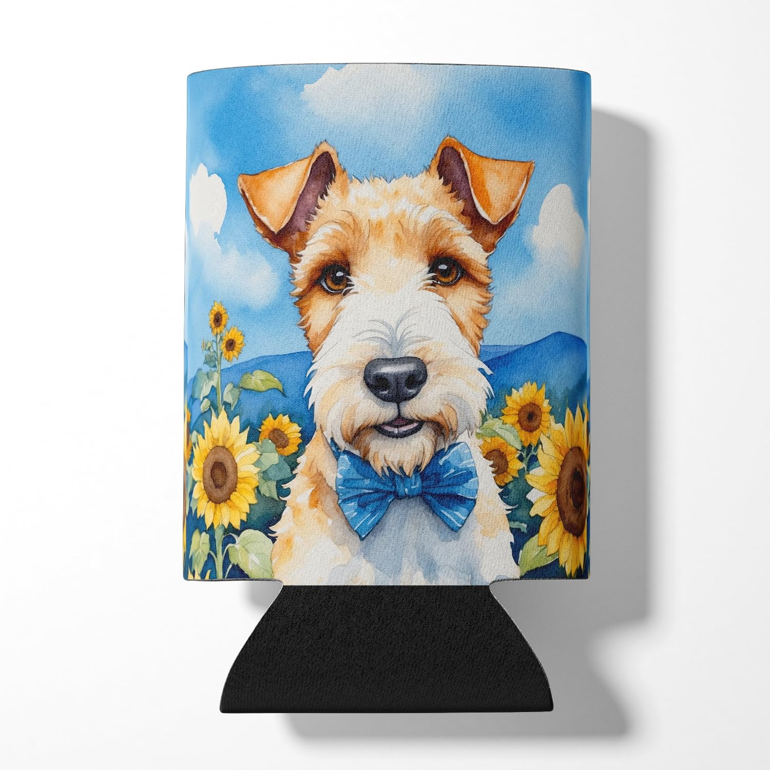 Fox Terrier in Sunflowers Can or Bottle Hugger 3 in x 5 in