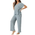 thumbnail image 4 of INSPIRE CHIC Women's Lounge Outfits Ribbed Knit Short Sleeve Tops with Shorts Soft Casual Pajama Sets S Blue, 4 of 6