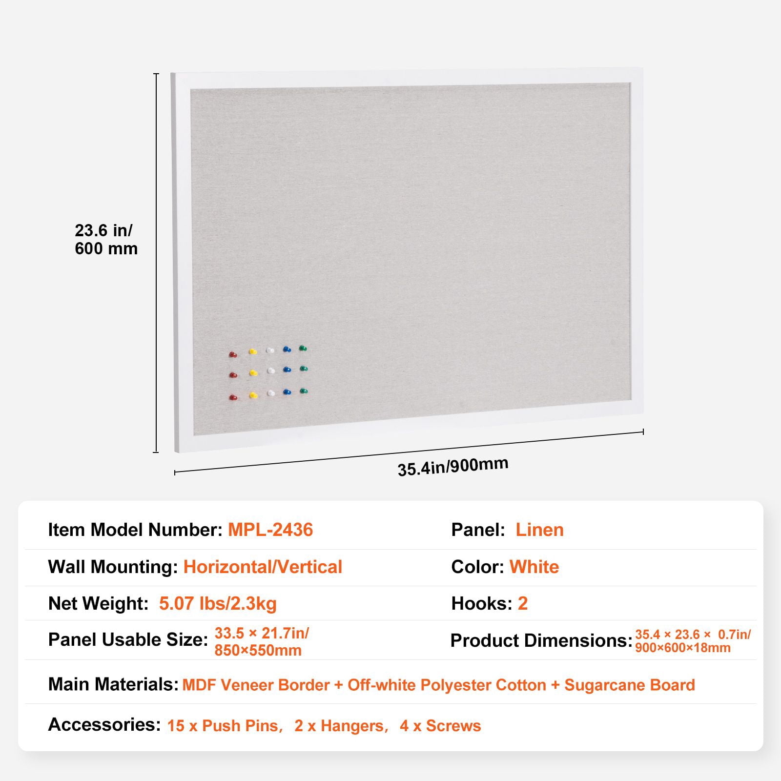 36" x 24" Bulletin Board with Linen Surface, Cork Board, White MDF Frame, 15 Push Pins, for Office Home Classroom Organization