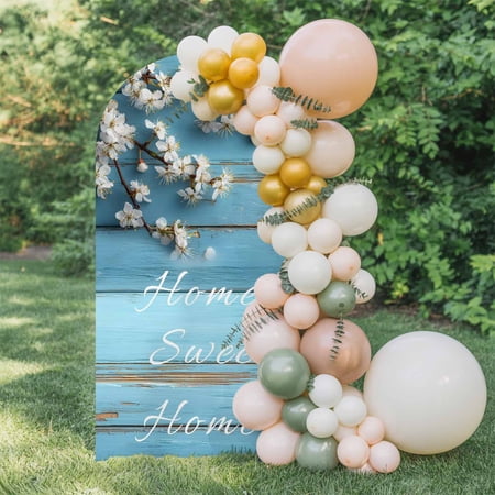 Home Sweet Home Arch Backdrop Cover 6 FT Spring White Floral Blue Wood Grain Wedding Arch Cover Stretchy Backdrop Stands Covers for Birthday Party Ceremony Banquet Decor