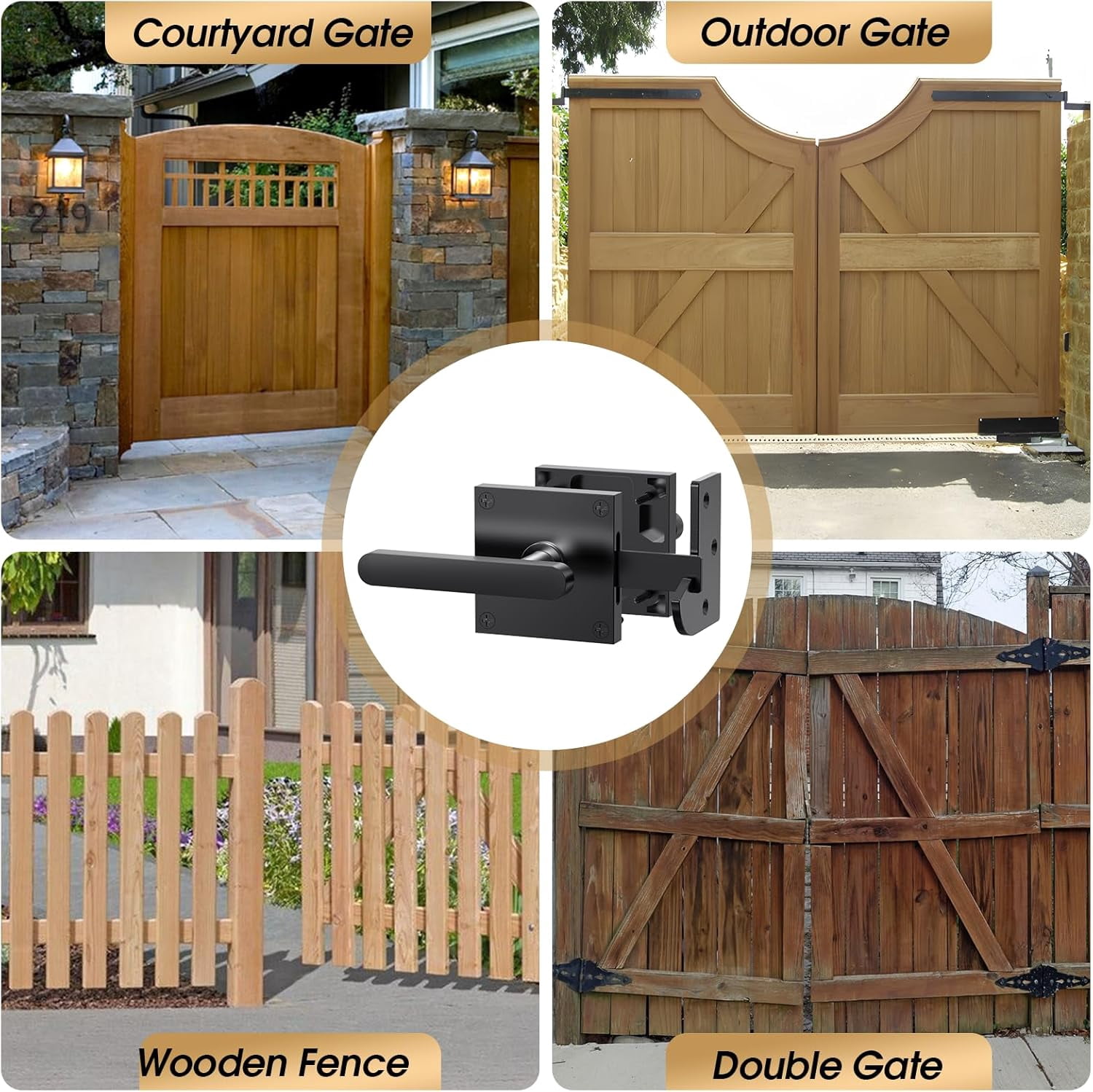 Double Side Gate Latch, Heavy Duty Gate Latch for Wooden Fence, Black Fence Gate Latch with Handles for Wooden Gates, Pool Gate, Backyard, Garden