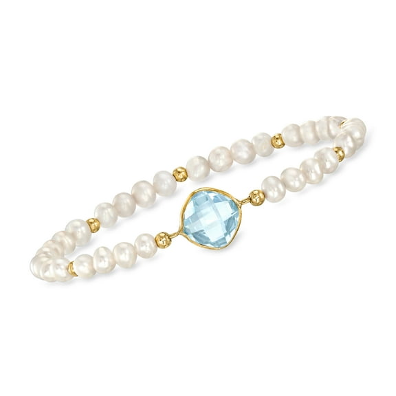 Ross-Simons 4.60 Carat Sky Blue Topaz and 4-5mm Cultured Pearl Bracelet in 14kt Yellow Gold, Women's, Adult