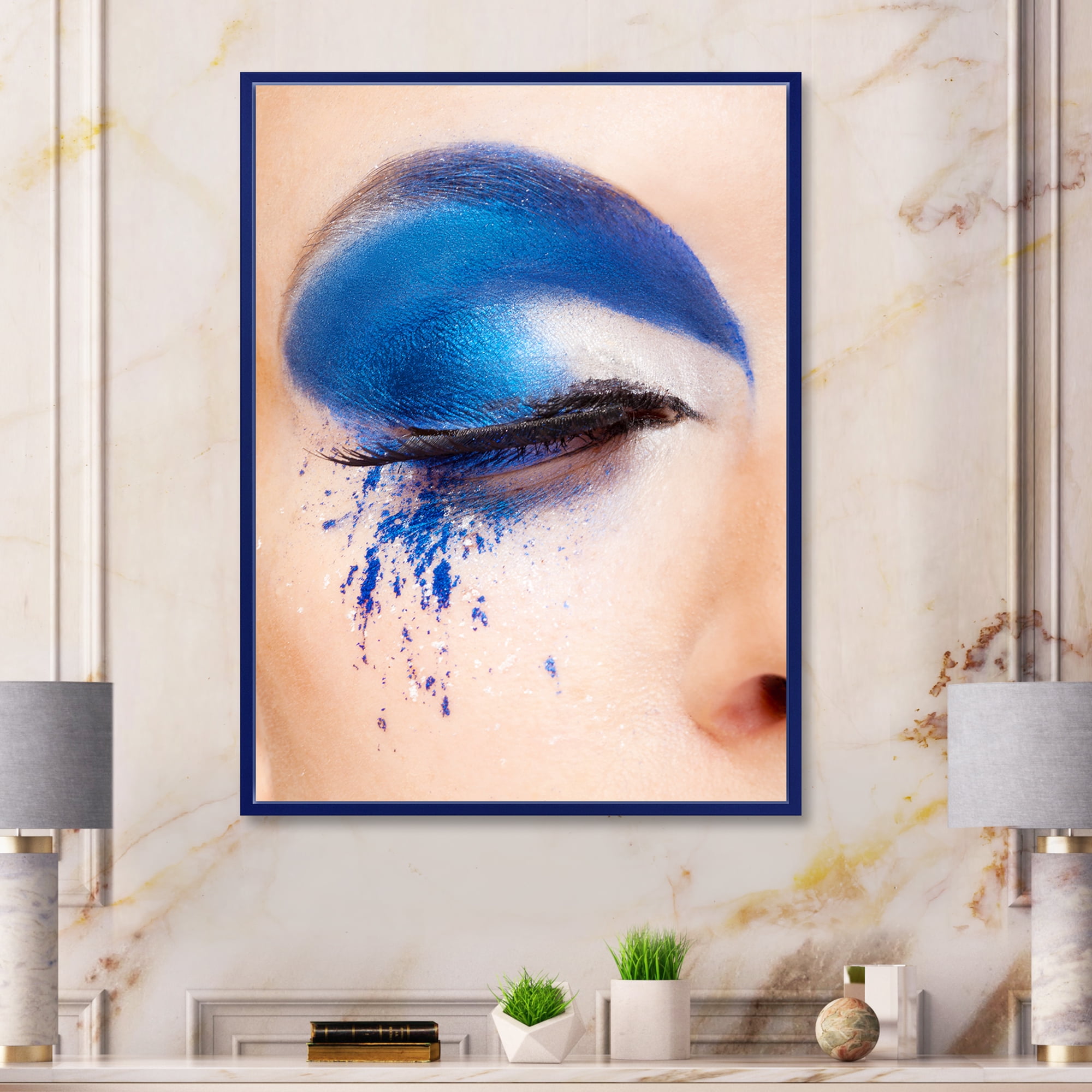 Designart 'Closed Woman Eye With Blue Fantasy Make Up' Modern Framed Canvas Wall Art Print
