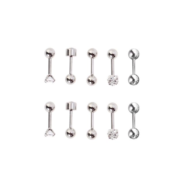 5Pairs 5 Styles Round Ball Stud Stainless Steel Barbell Earring Set Cartilage Helix Earring Piercings Tragus Cartilage Ear Rings Set (Silver)
