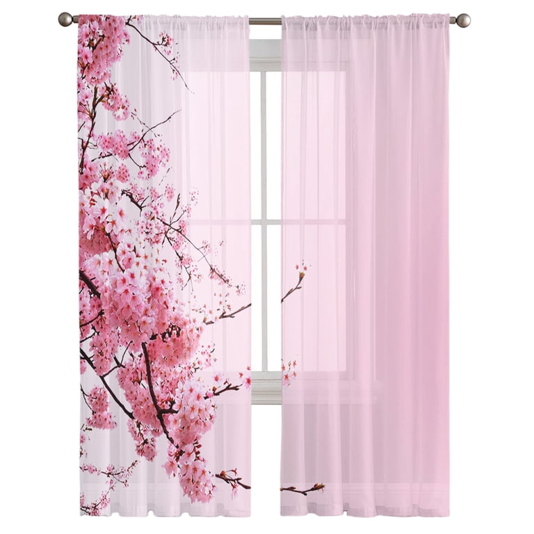 Pink Gradient Dense Cherry Blossom Flowers Tulle Curtains for