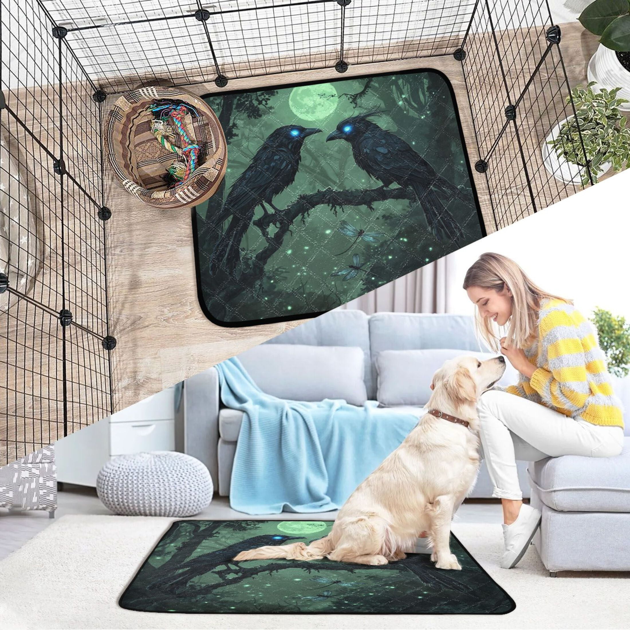 Qxltty The Midnight Crow Cat litter Pads Pet Set of 2 Diaper Mats Center Anti-leakage Layer Absorbent Soft and Comfortable