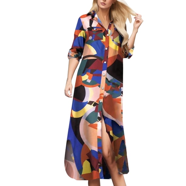 Gibobby Vestidos para Mujer Casuales Bolsillo largo para mujer Camisa Botón Casual Vestido Manga Estampado sexy Vestido suelto para mujer(Multicolor,M)
