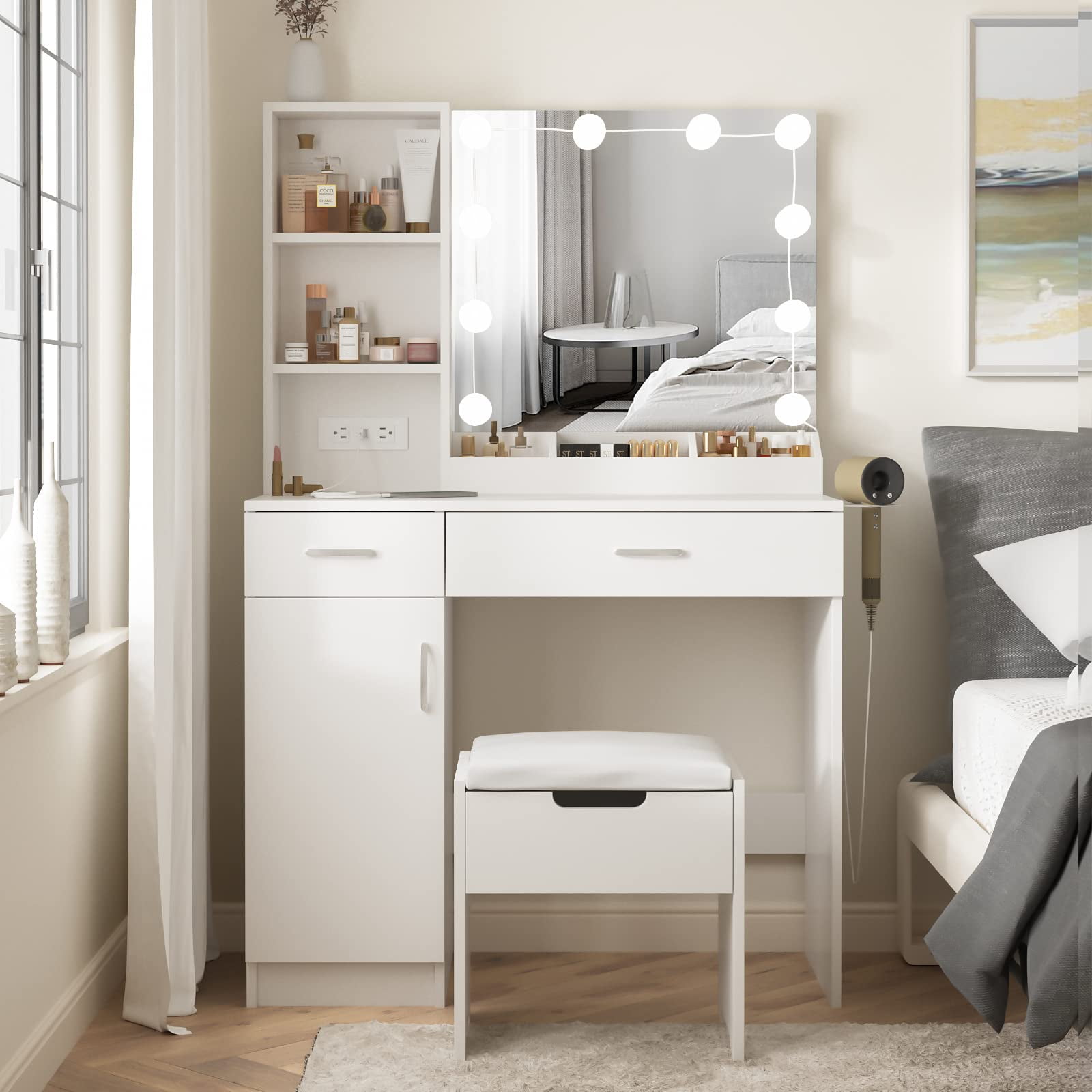 VEANERWOOD Makeup Vanity Desk with Lighted Mirror & Power Strip, Girls Dressing Table with Storage Shelves, White