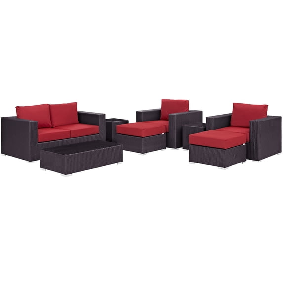 Modern Contemporary Urban Design Outdoor Patio Balcony Eight PCS Sofa Set, Red, Rattan