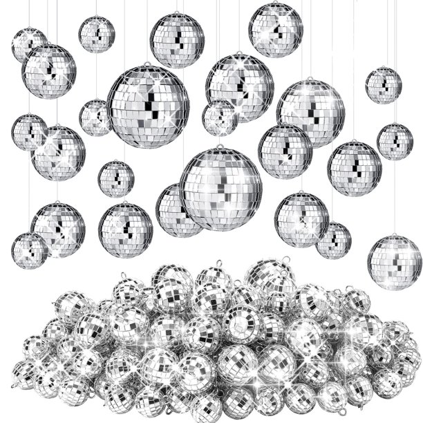 100 bolas de discoteca colgantes de Funtery, color plateado, de 3 a 10 cm