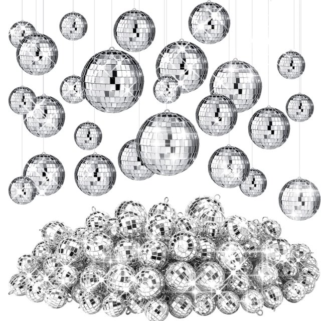 100 bolas de discoteca colgantes de Funtery, color plateado, de 3 a 10 cm