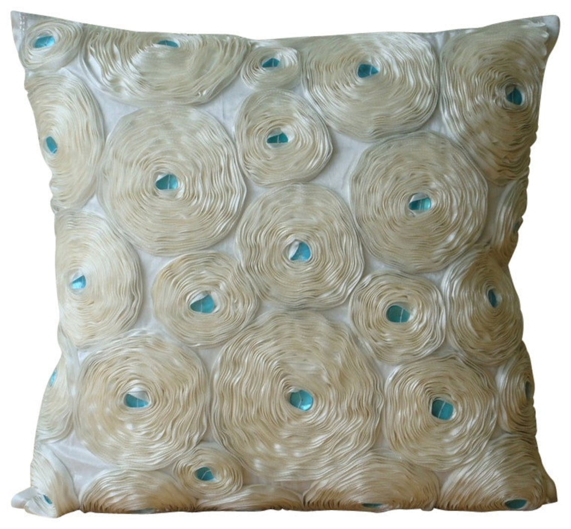 Cushion Covers For Couch, Ivory Shams, Ribbon Ivory Rose Flower Floral