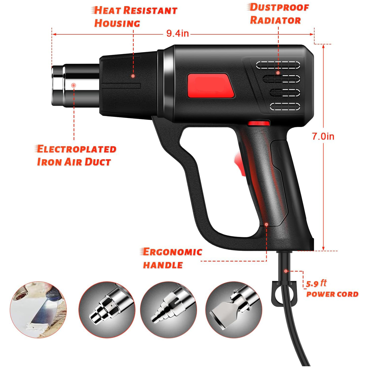 Heat Gun 2000W Hot Air Gun 752~1112 Variable Temperature Control, Fast Heating, Overload Protection, 4 Nozzles, Suitable for Vinyl Wrap, Crafting, Resin, Shrink PVC