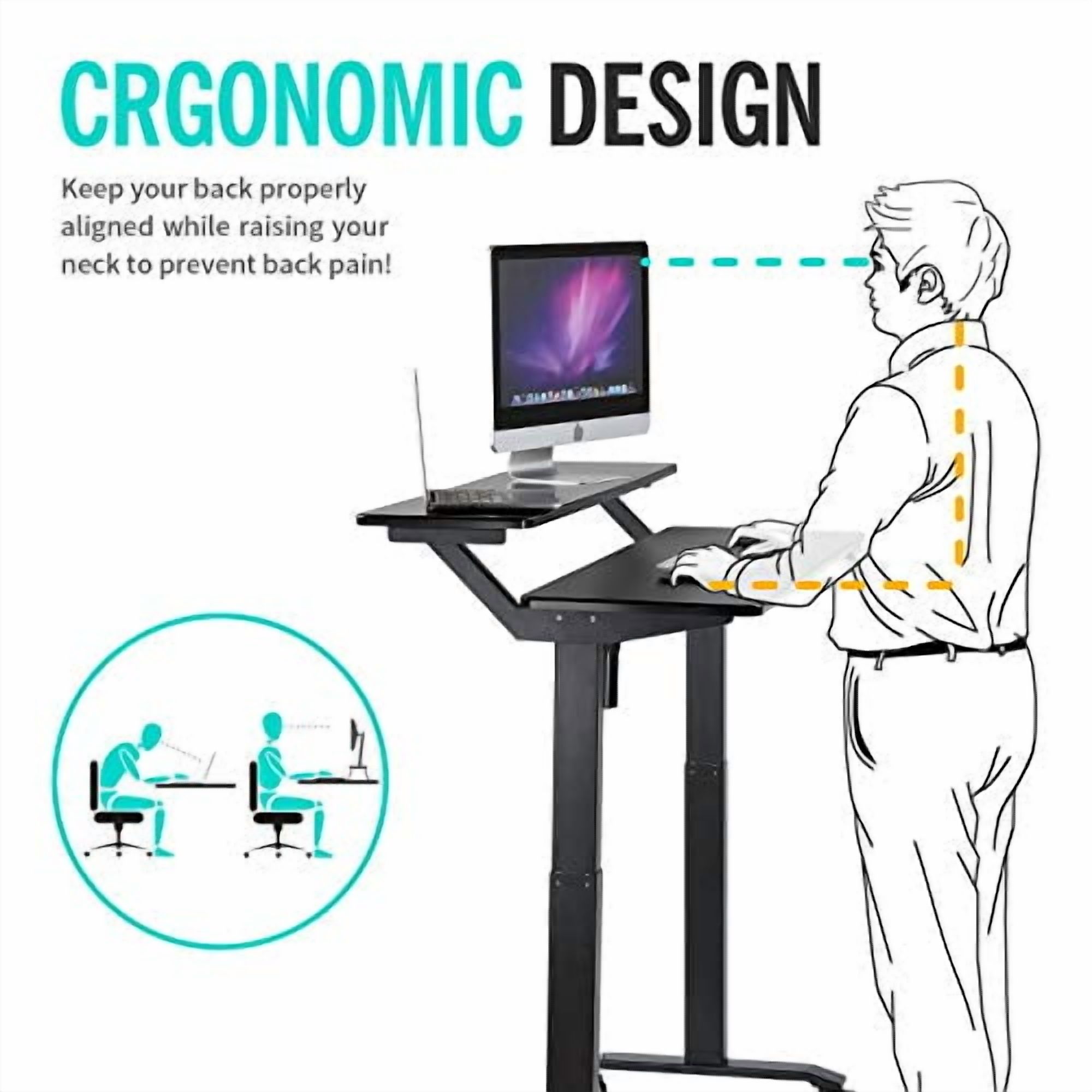 UNICOO® 2 Tier Electric Height Adjustable Standing Desk with Wheels, Electric Mobile Standing Workstation, Sit Stand Desk Home Office Desk Whole-Piece Desk Board 48 * 24 in (KT1002-BB) 2Tier