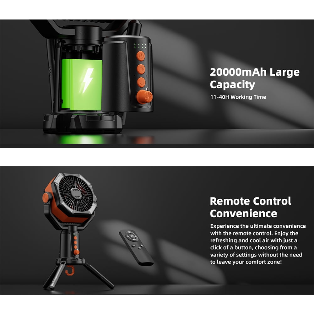 Table Fans Tripod, 20000mAh Rechargeable Battery Operated Portable Tent Fan with LED Lantern, Remote Control, Hook, 270° Pivot, Stepless Speed-Ideal for Camping, Picnic, Barbecue, Jobsite