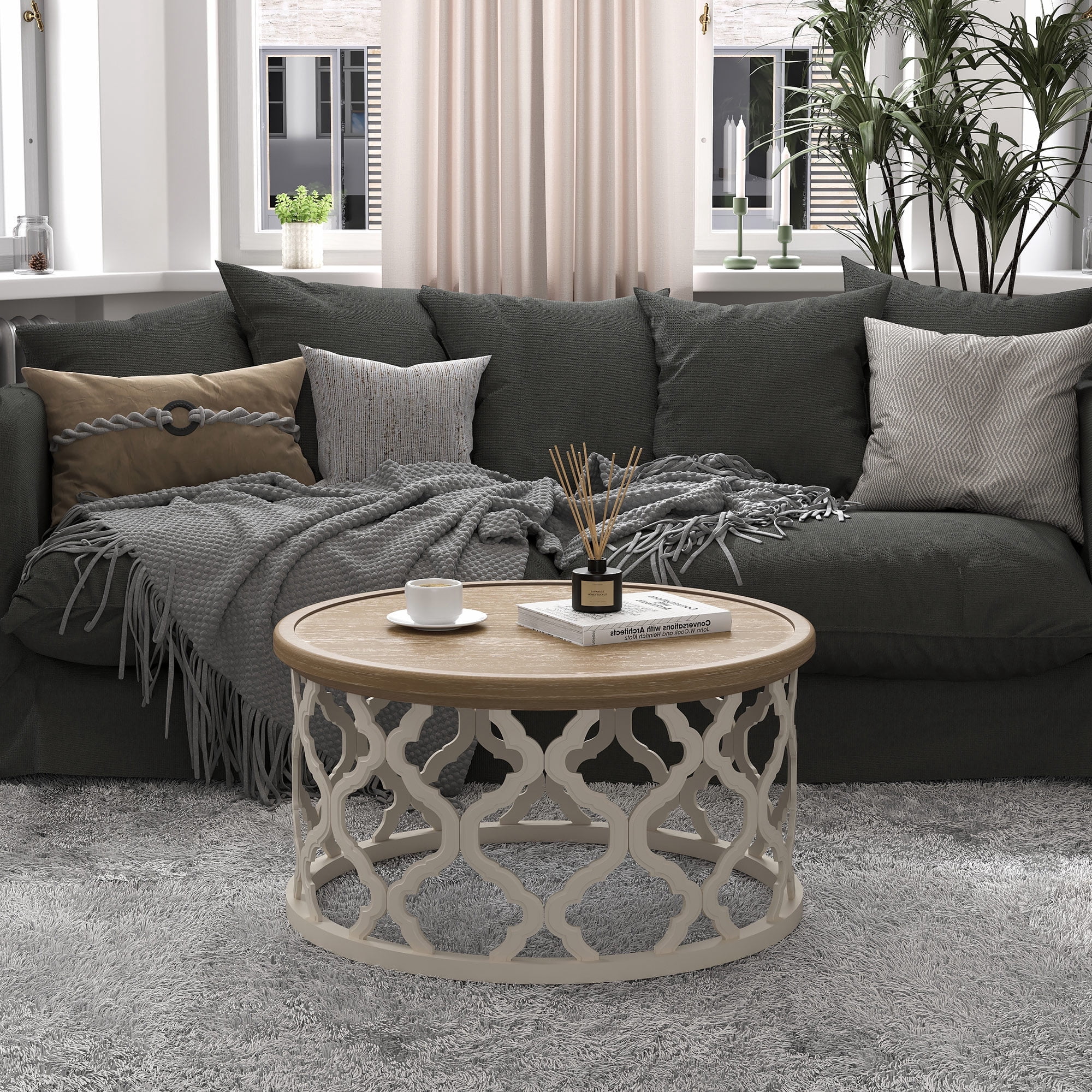 30" Farmhouse Coffee Table, French Round Coffee Table, Vintage Coffee Table with Distressed Wood Tray and Storage Shelf, Beige