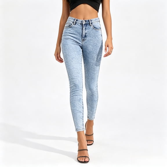 Women High Waist Medium Stretch Light Wash Blue Skinny Ankle Jeans, Textured Embossed Slim Fit Denim Pants