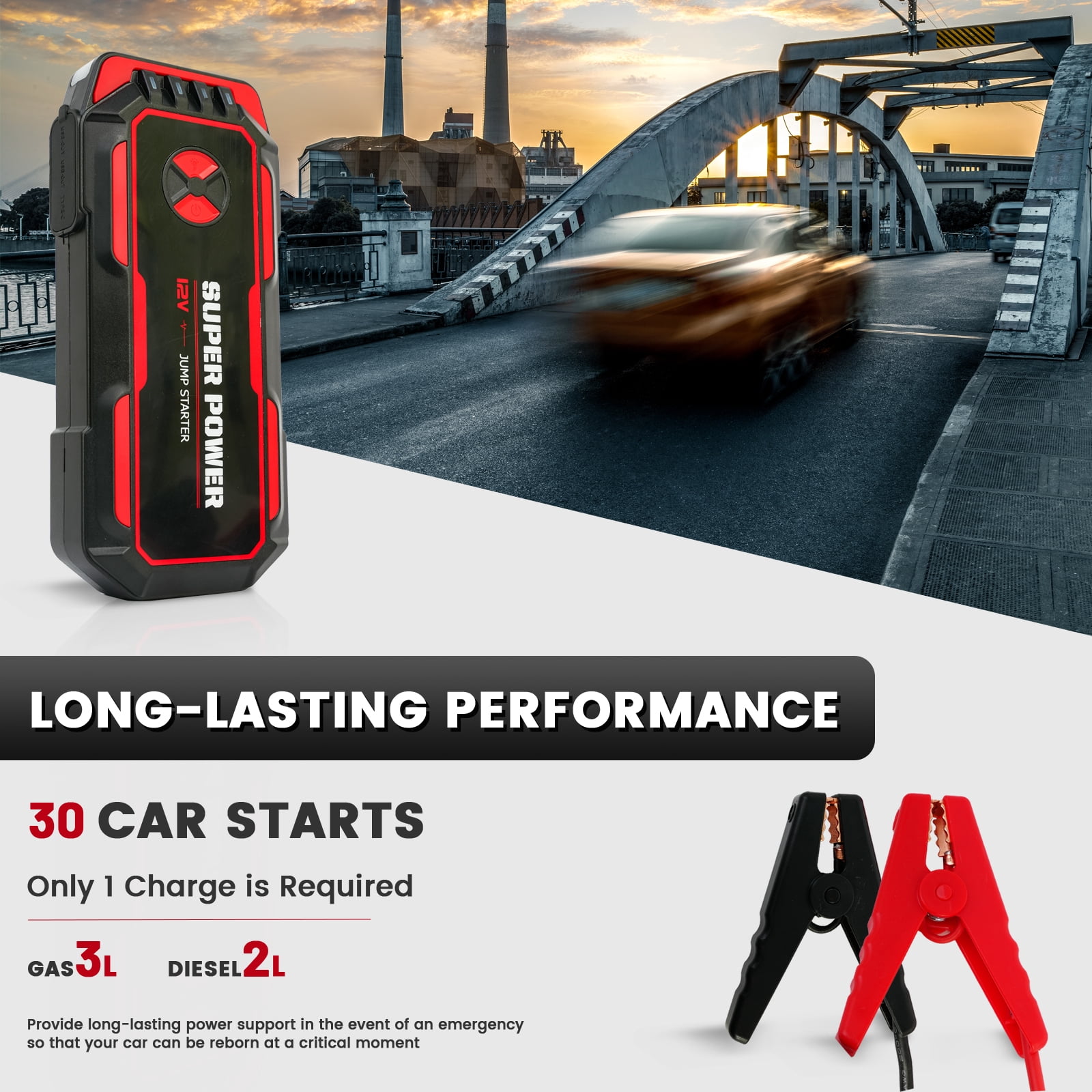 Sennachine 5000A Peak Power Portable Car Jump Starter, Compact Battery Jumper Box with USB Ports, LED Flashlight
