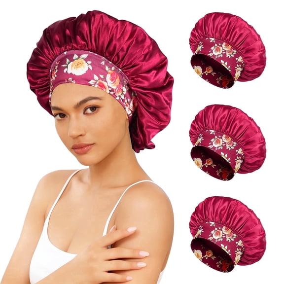 3 PCS Satin Sleep Caps For Women Soft Band Hair Caps Hair Bonnet For Sleeping, Red